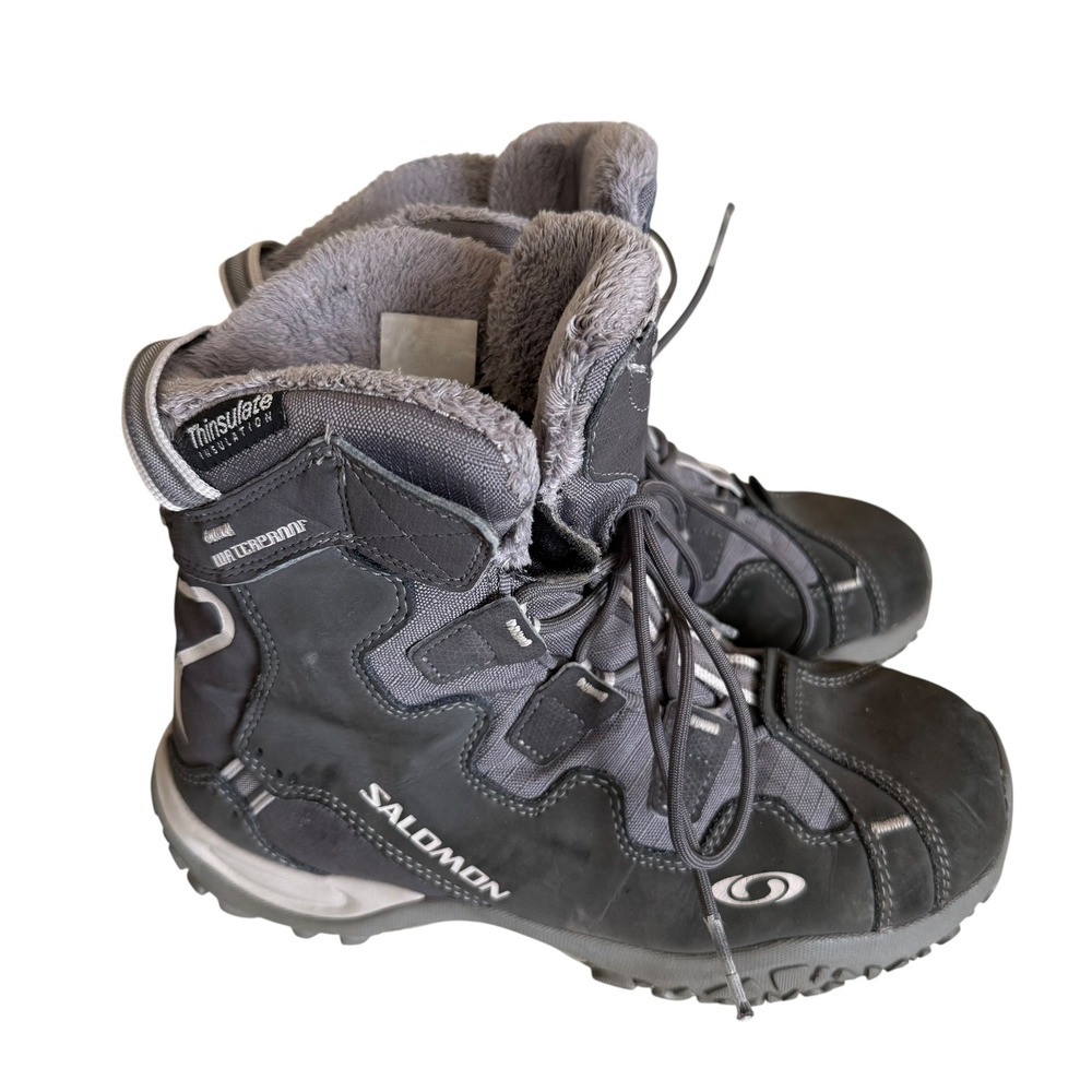 Salomon Winter Boots Women Size 6.5 Grey Waterproof Thinsulate ‎ Insulated Fur